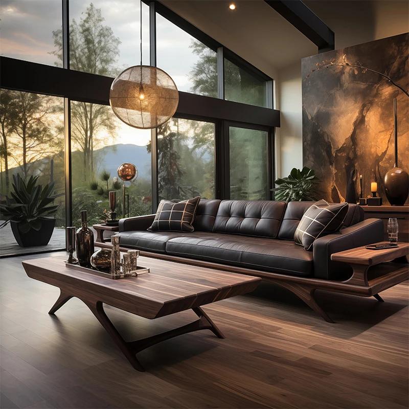 新中式北美黑胡桃木沙发2025新款高档实木真皮三人位客厅直排沙发