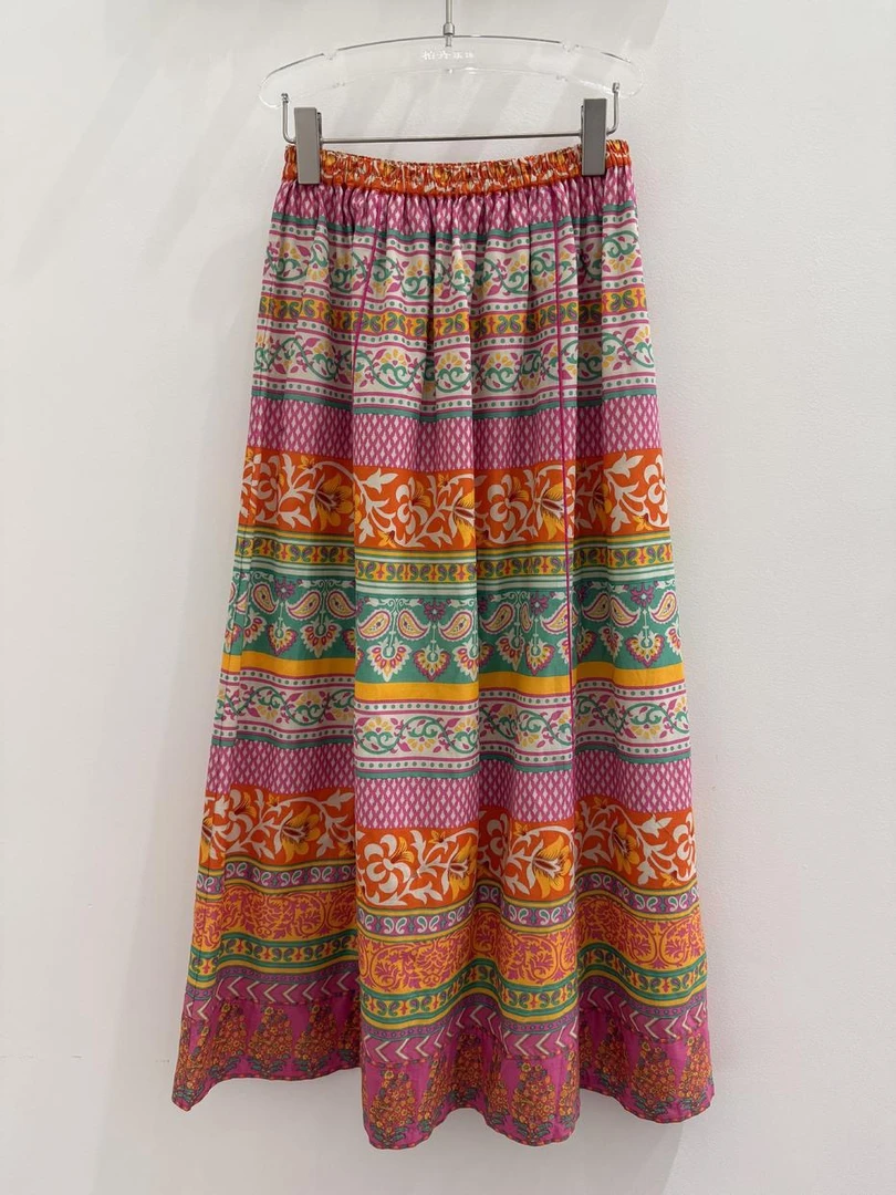 【柏卉服饰】拼色花纹松紧腰半裙