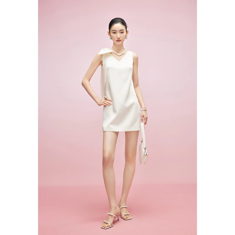 【陈大可专属】MandyZhang法式花瓣肩无袖背心裙女缎面连衣裙子