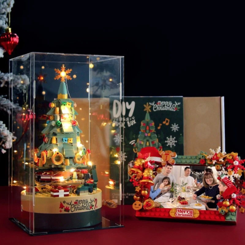 圣诞树积木旋转音乐盒创意树脂装饰旋转成品diy中国圣诞积木礼物