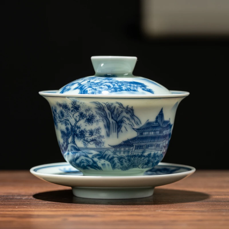 青花三才盖碗陶瓷茶具办公家用功夫茶器亭台楼阁中式釉中彩复古