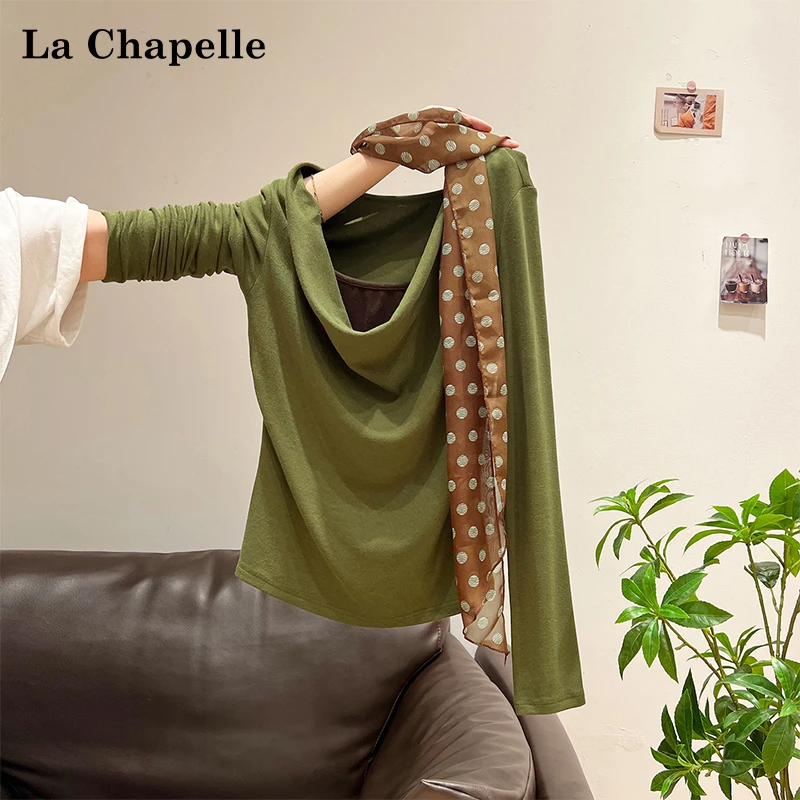 拉夏贝尔假两件多巴胺甜辣妹斜肩荡领修身露肩长袖T恤女秋季上衣