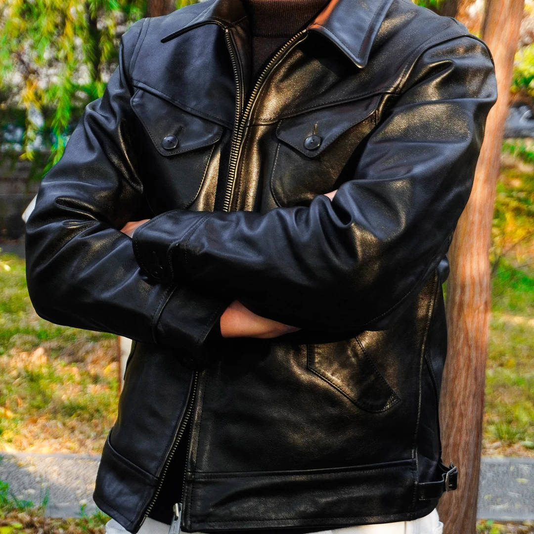 二代门多萨小牛皮真皮皮衣男士休闲商务短款复古修身翻领秋冬