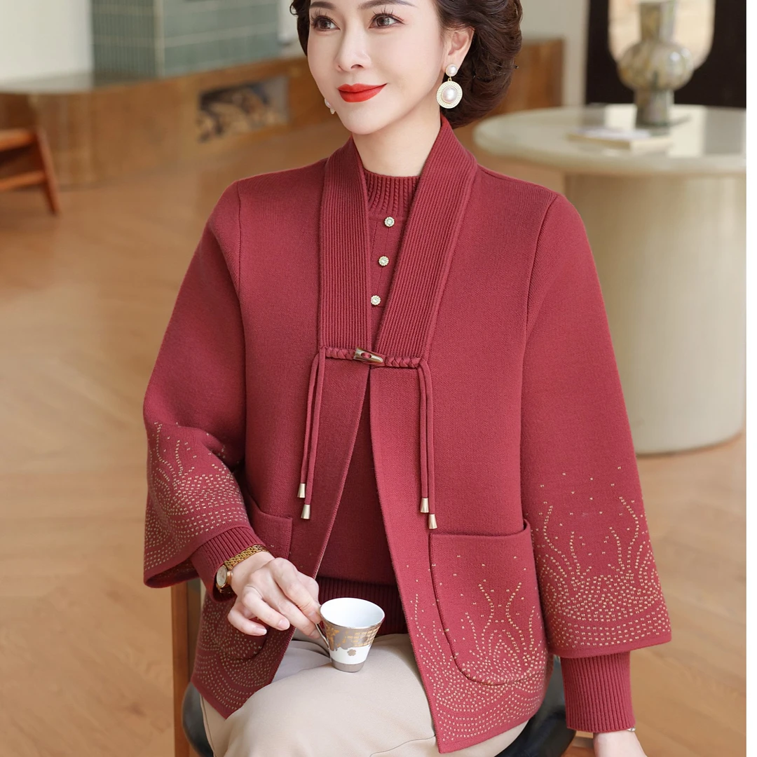 妈妈装秋冬洋气上衣外套2025新款国风中老年人女装针织毛衣两件套