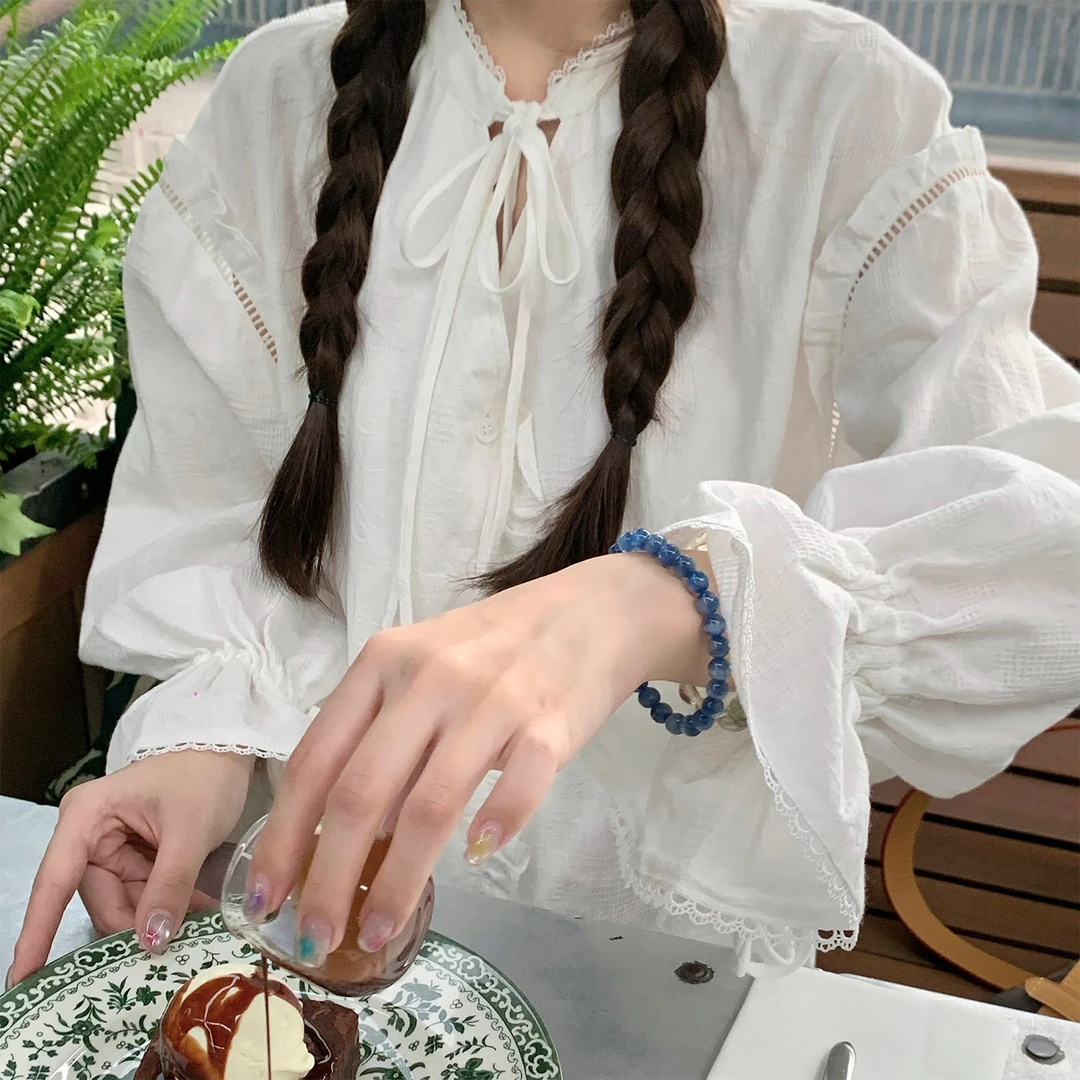 赵幺妹 芬德拉 系带重工荷叶边系带长袖衬衫上衣白色衬衣韩版秋