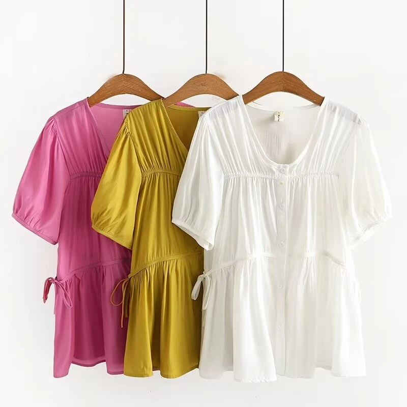 HS811系带V领拼接短袖衬衫大码女装时尚韩版衬衣单排扣上衣显瘦夏