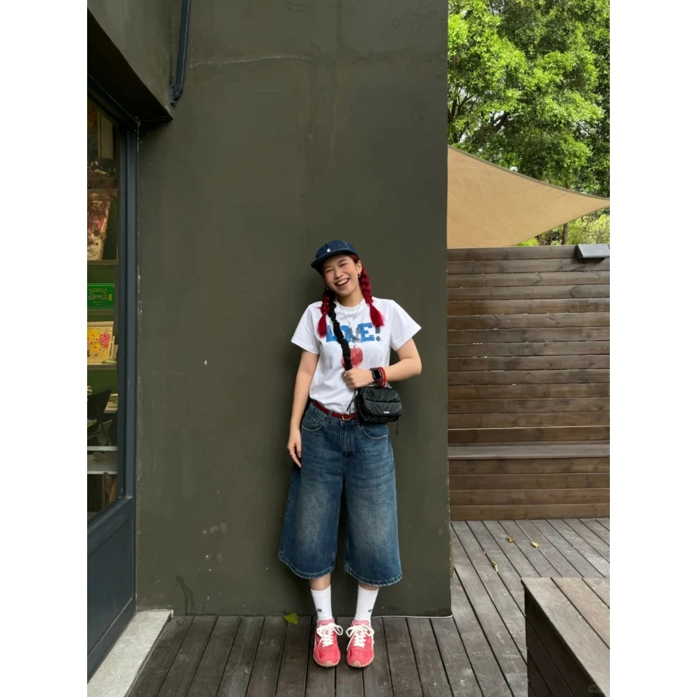 美式复古洗水阔腿七分牛仔裤女2025春季新款宽松七分重磅做旧裤子