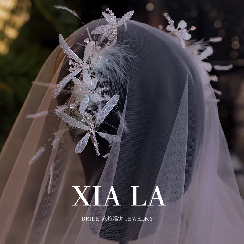 夏拉超仙薄荷绿羽毛碎钻水晶蜻蜓新娘头饰韩系婚纱头花气质发饰品