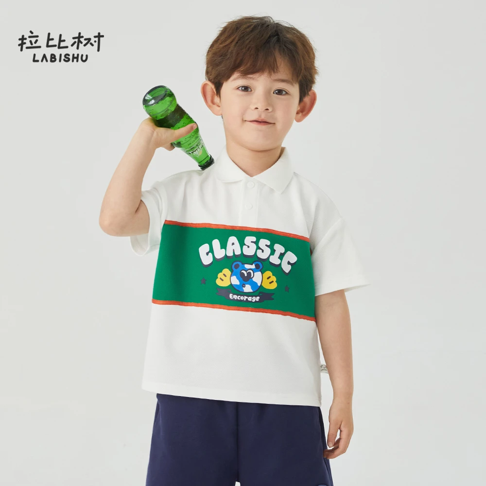 拉比树2025夏季新款男童拼接地球小熊印花短袖polo上衣休闲百搭