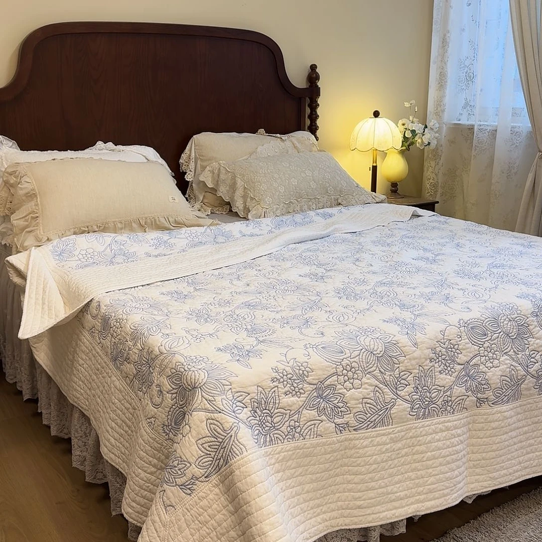 棉蓝色刺绣三件套