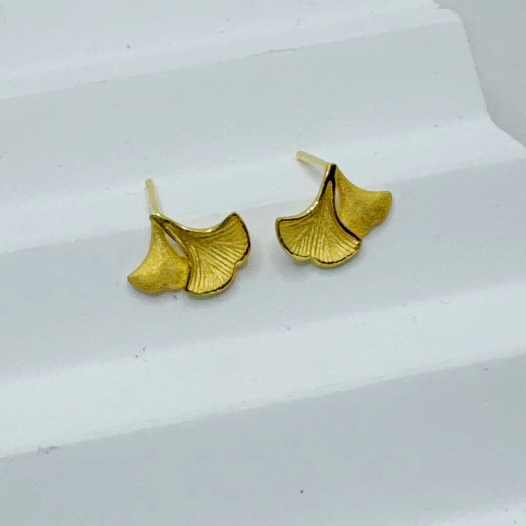 【金枝原】足金999 银杏叶耳钉 直针
