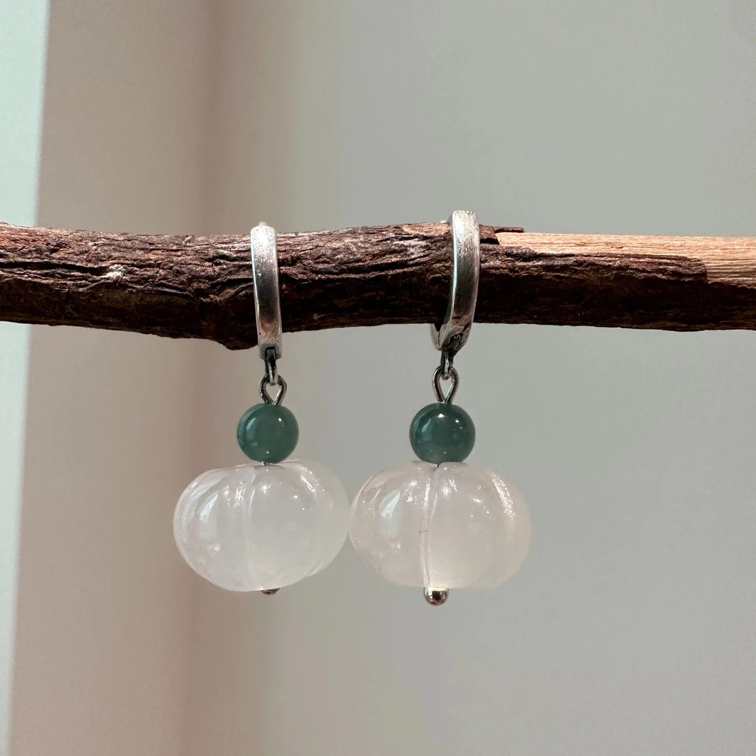 E26471<一禅兄>s925银玉髓南瓜珠蓝水翡翠圆珠耳环耳饰多样性发