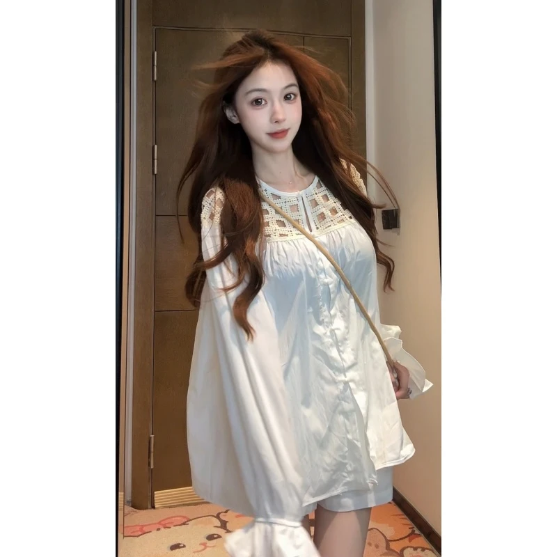 【XIAOBAWANG】设计感镂空长袖衬衫外套薄款衬衣白色休闲上衣套装T