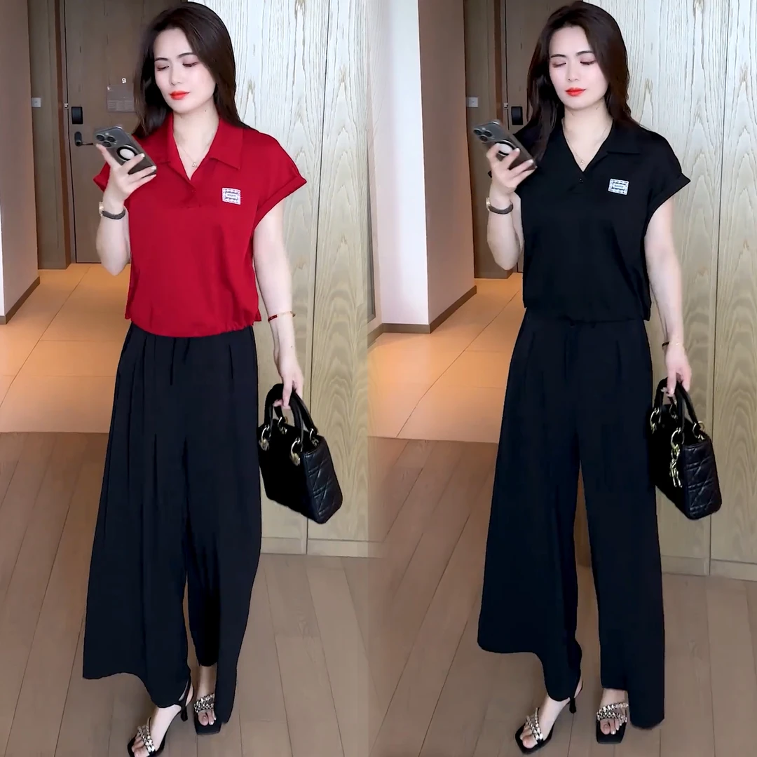 宽松韩版极简风高腰显瘦POLO领短袖吸汗夏季洋气气质T恤两件套潮