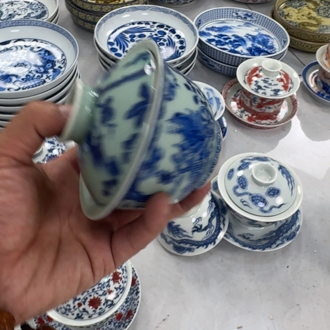 摆件清釉青花鬼谷子两才盖碗