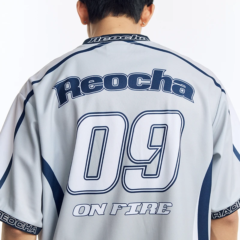 REOCHA热呈夏季俱乐部新款美式撞色运动印花赛车短袖球衣足球服男