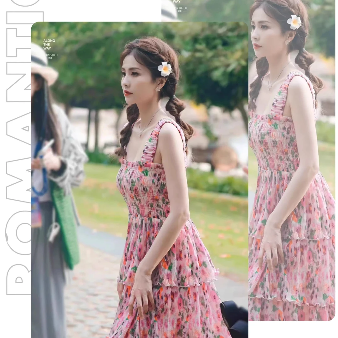 白鹿明星同款法式复古碎花吊带连衣裙女温柔风荷叶边蓬蓬蛋糕长裙