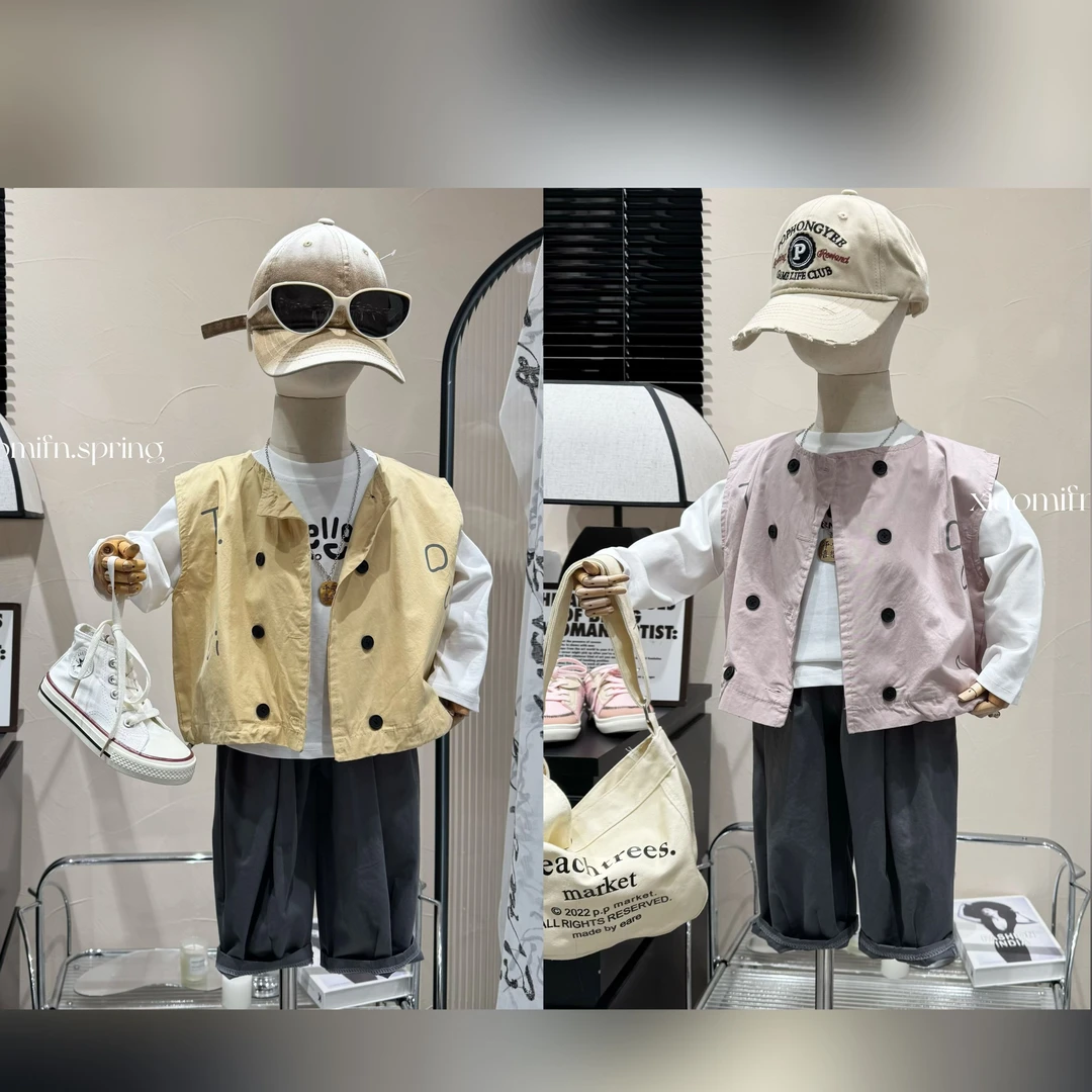 现货〃2025春季新款卡通马甲套装打底休闲裤子韩版男儿童童装5801