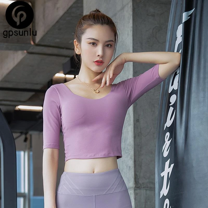 gpsunlu健身服网红跑步短袖速干紧身衣夏短款运动恤带胸垫瑜伽服