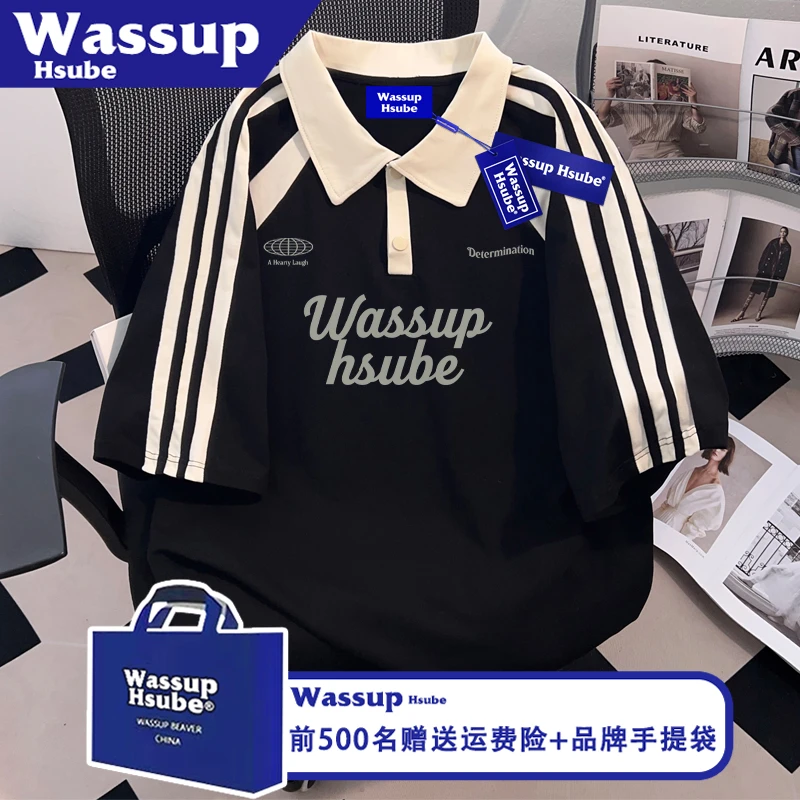 WASSUP HSUBE潮牌字母印花半袖100%棉设计感POLO衫ins夏男女款T恤