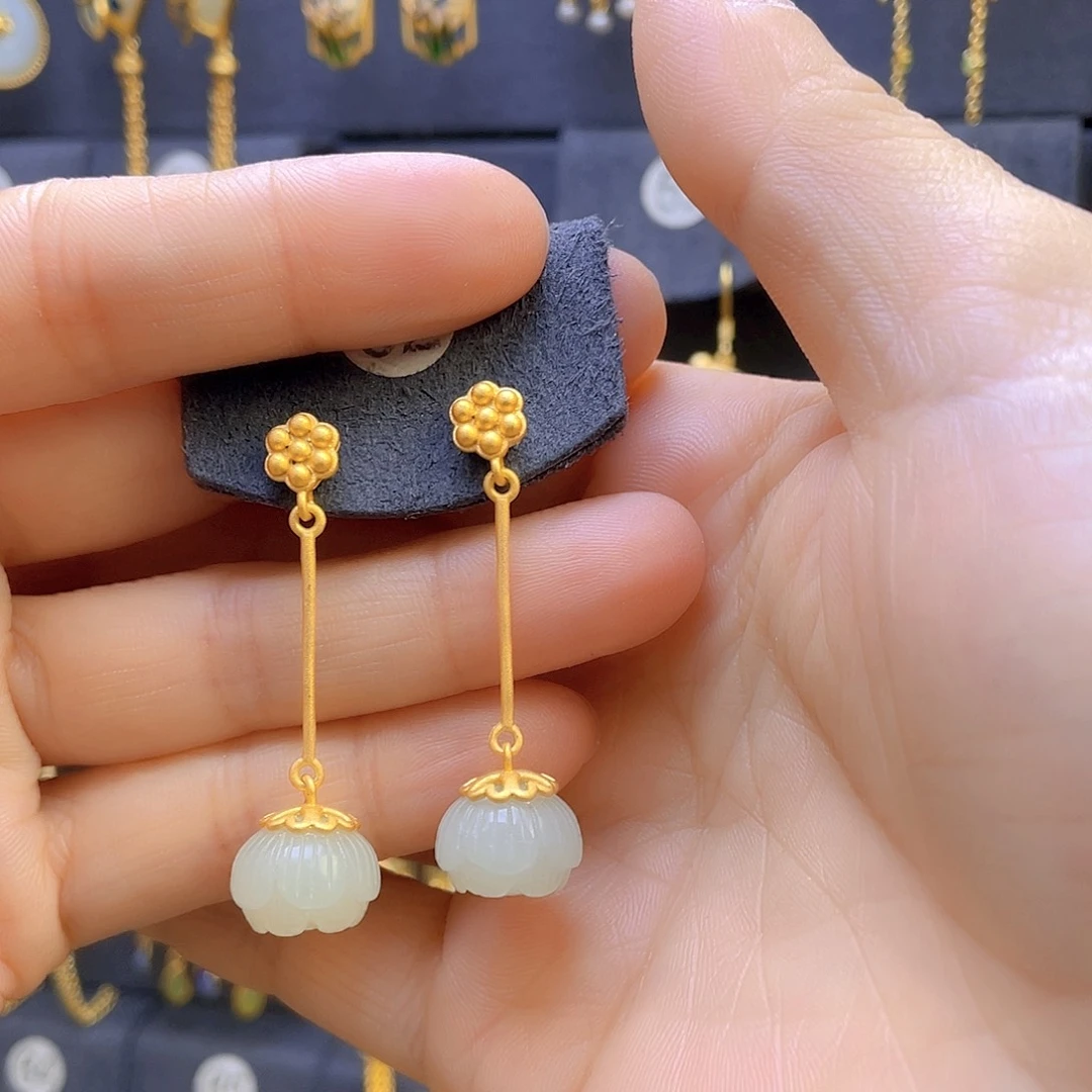 和田玉耳饰银S925镀金镶嵌