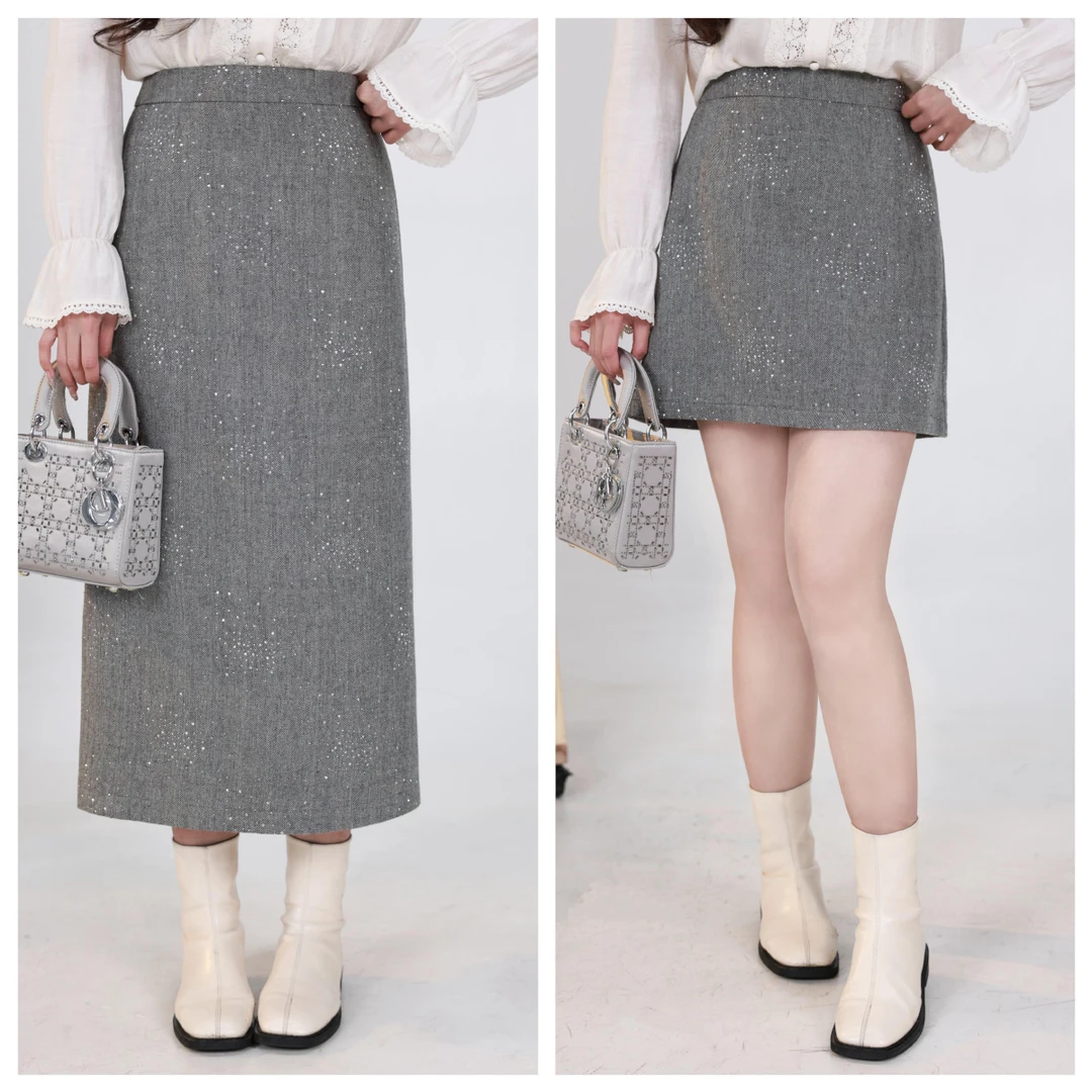 QC李潇洒【典雅银辉】微胖大码春季灰色烫钻直筒长短版半身裙（无松
