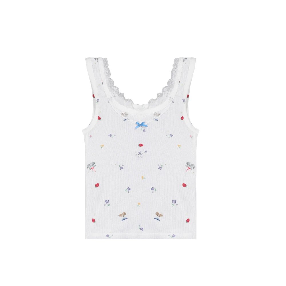 RABX52991油画小狗碎花蕾丝背心25夏季修身清新趣味百搭休闲印花