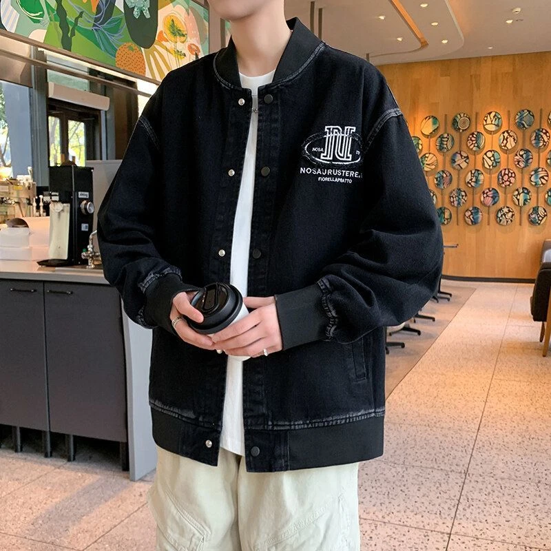 2025新款青少年美式春秋棒球牛仔外套潮牌上衣宽松休闲夹克