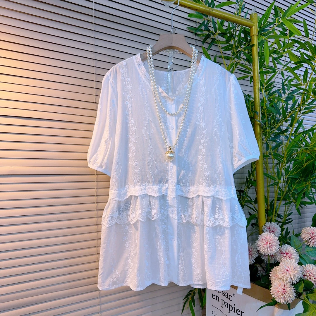 879胖妹妹欧货韩版圆领提花刺绣拼接荷叶边设计感遮肉显瘦百搭衫