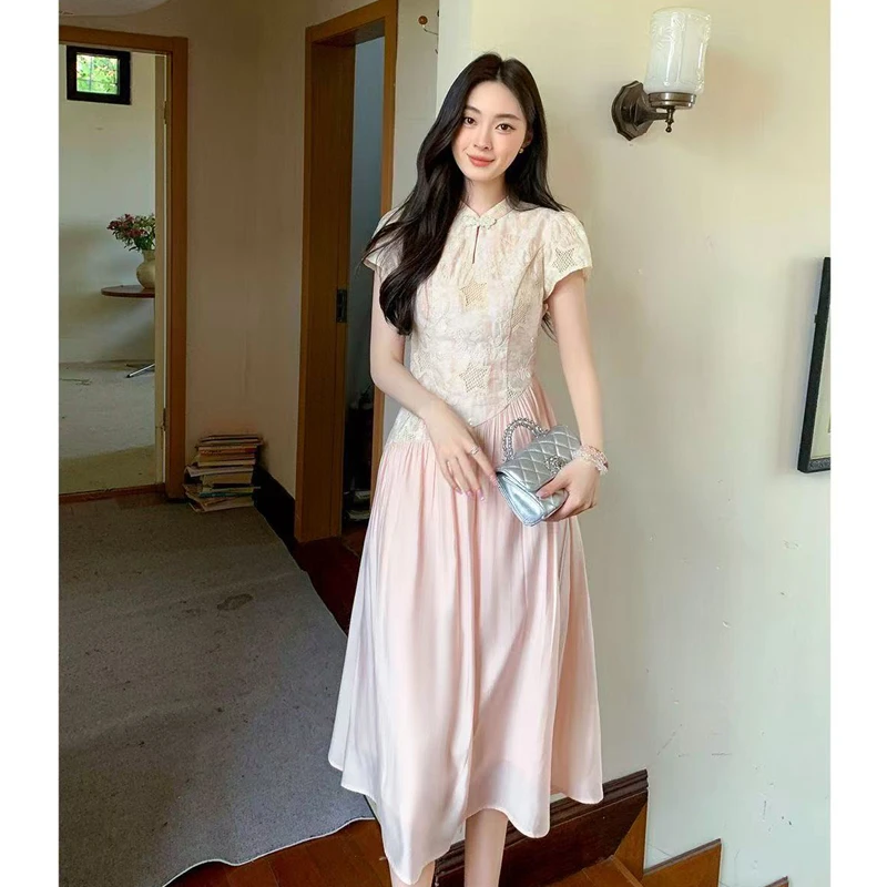 新中式改良拼接刺绣连衣裙女2025夏季新款旗袍裙国风设计感长裙潮