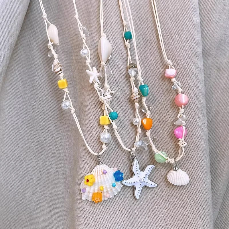 铜合金项链 度假风彩色贝壳星星项链女轻奢小众多巴胺锁骨链劲链
