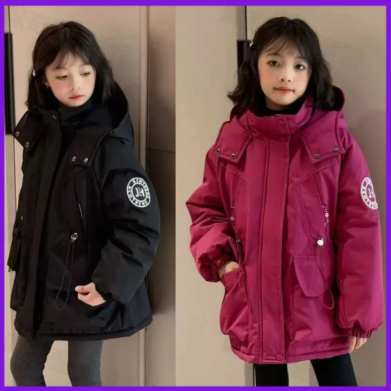 女童加绒棉服冬装2024新款中大童设计感夹棉加厚保暖收腰冲锋衣