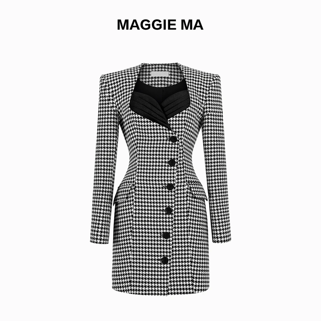 MAGGIE MA马婧设计师款复古黑白撞色千鸟格气质显瘦连衣裙535D
