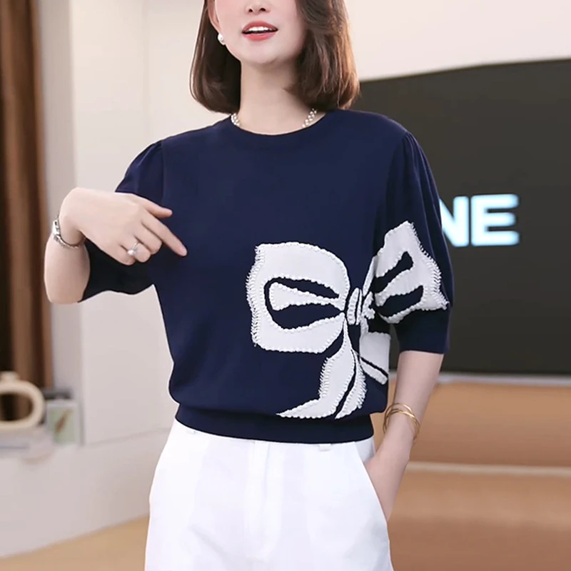 简约高级感蝴蝶结印花宽松显瘦五分袖针织衫时尚减龄轻薄圆领上衣