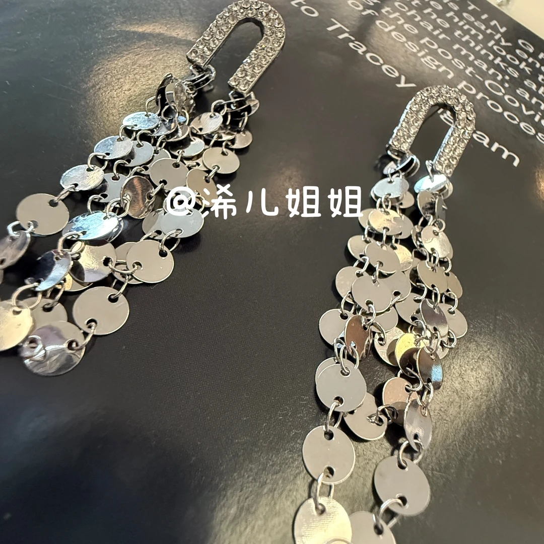 合金锆石耳饰 【浠儿家】璀璨星河~辣妹感金属亮片流苏耳环女