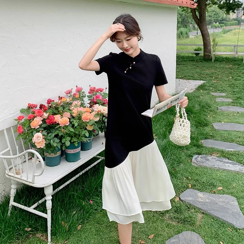 胖mm新中式连衣裙女2025春夏季款设计感拼色国风大码遮肉显瘦裙子