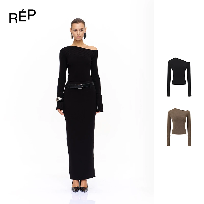 REP-CNLEEWEI设计师品牌黑/棕色斜领一字领毛织上衣 25FW新款