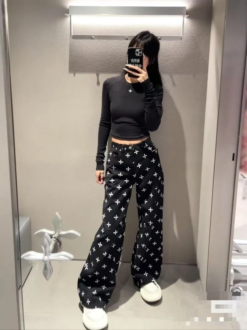 黑花园满印十字花牛仔裤阔腿直筒裤