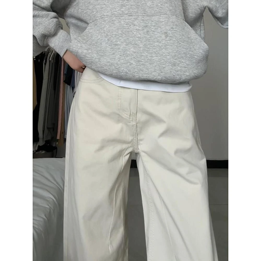 cleanfit米白色水洗棉微喇休闲牛仔裤潮牌小众男女宽松阔腿直筒裤