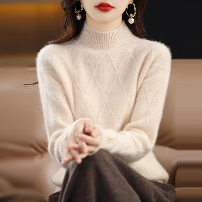 (商场同款)半高领羊绒衫100纯羊绒女2025秋冬菱形打底衫针织毛衣