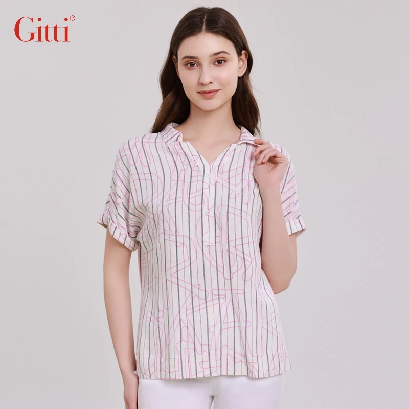 Gitti/吉蒂优雅气质条纹印花衬衫女大码显瘦宽松衬衣G251560