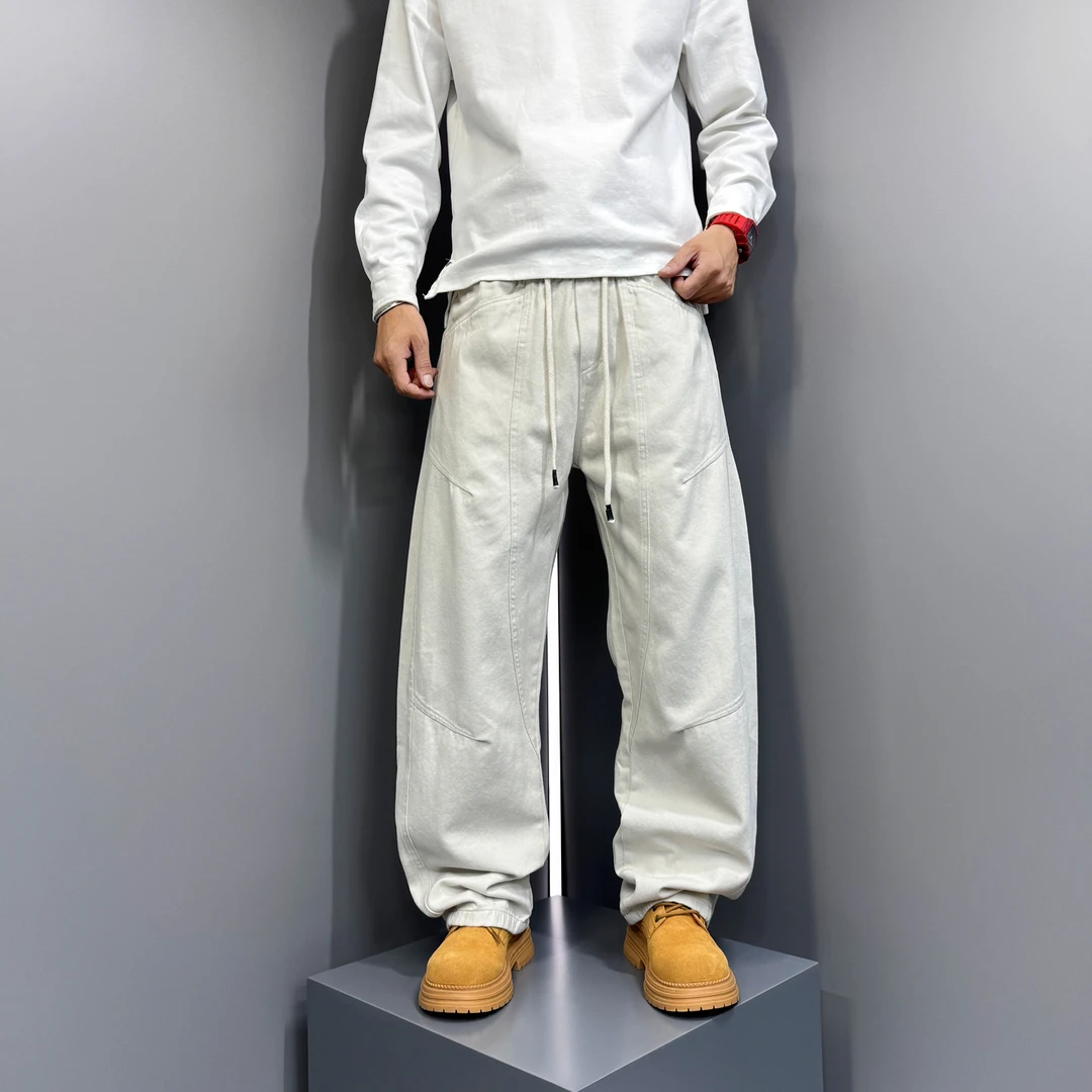 2025早秋新款男士拼接牛仔裤宽松直筒阔腿长裤户外垂感运动弯刀裤