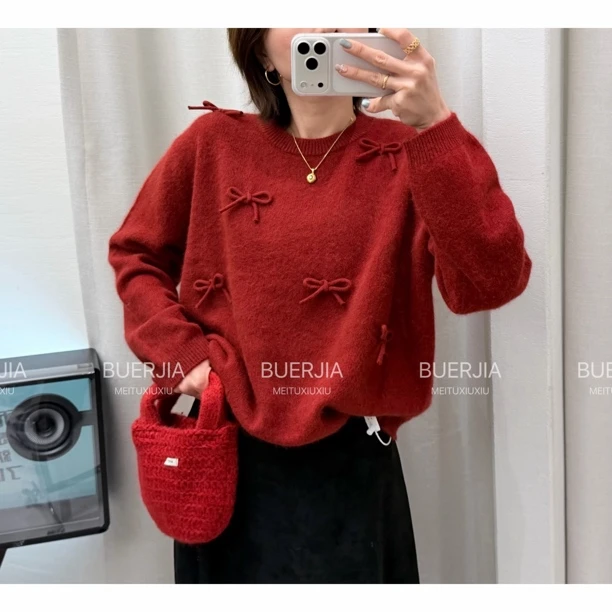 蝴蝶结浣熊绒上衣圆领韩系保暖保暖毛衣