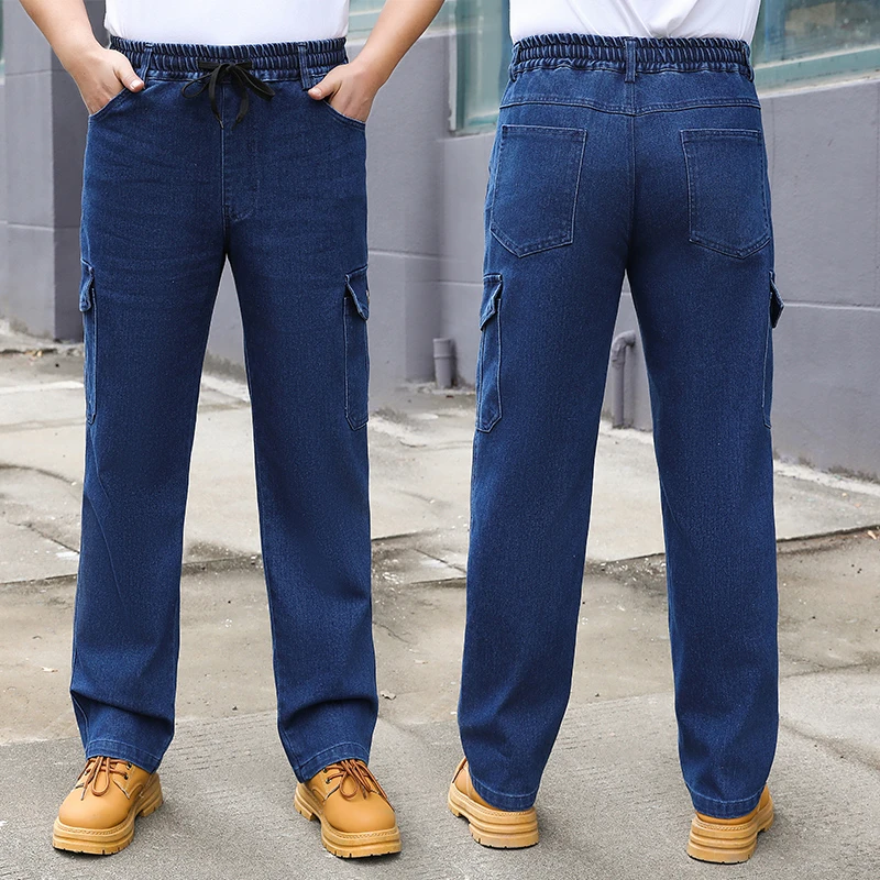 四季款松紧腰牛仔工装裤男士耐磨耐脏防烫焊工建筑工机修工弹力