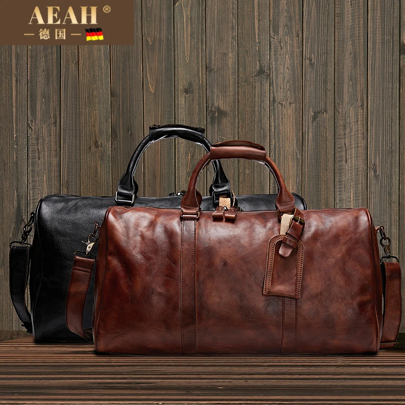 AEAH简约真皮复古男士手提旅行包大容量健身包多功能单肩斜挎行李