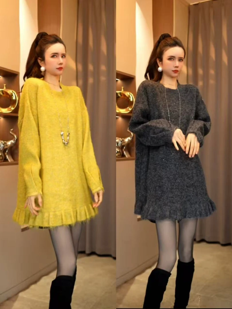 【61779#】冬季新款圆领灯笼袖下摆须须毛衣