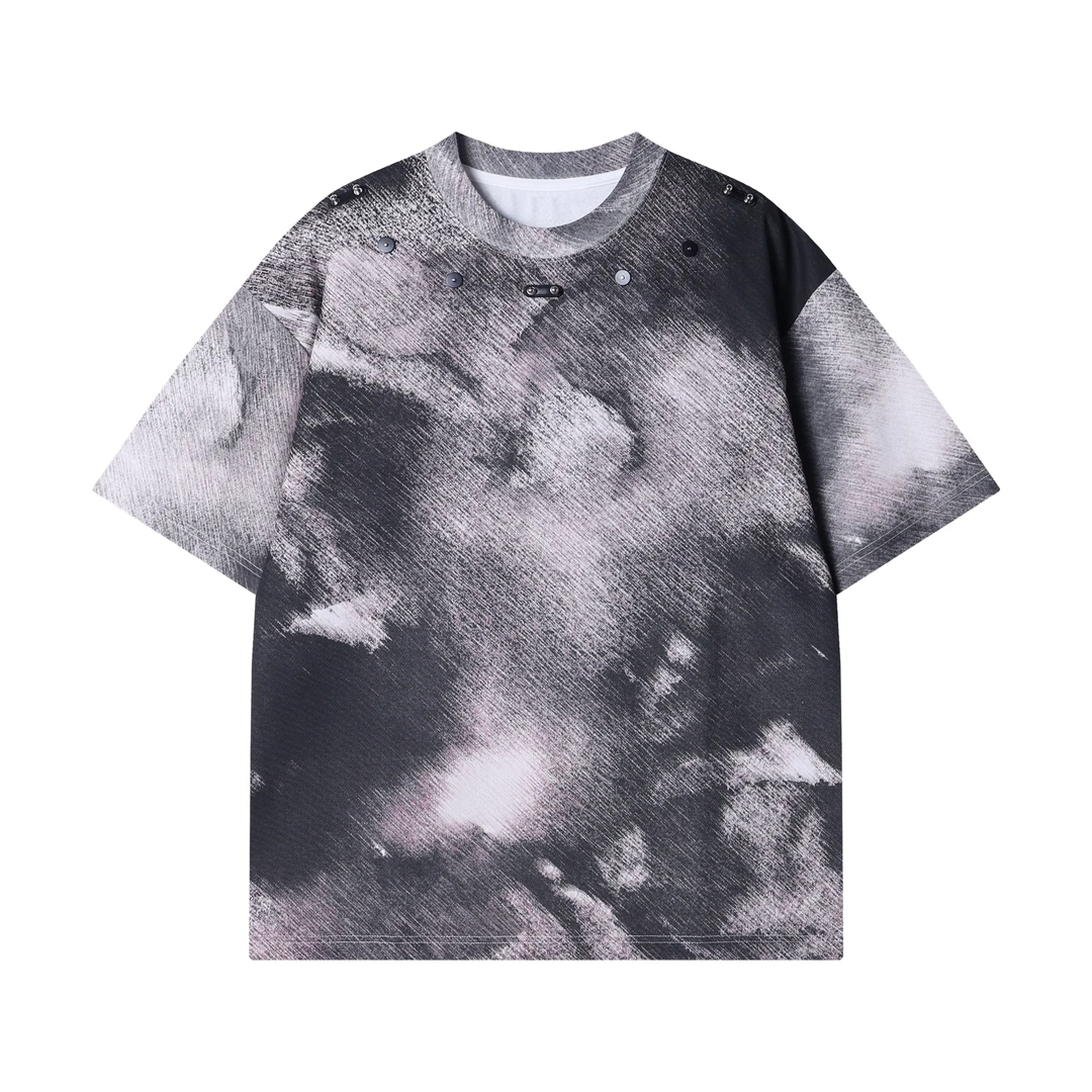 夏季新款时尚个性重磅做旧晕染复古设计感美式圆领百搭短袖上衣