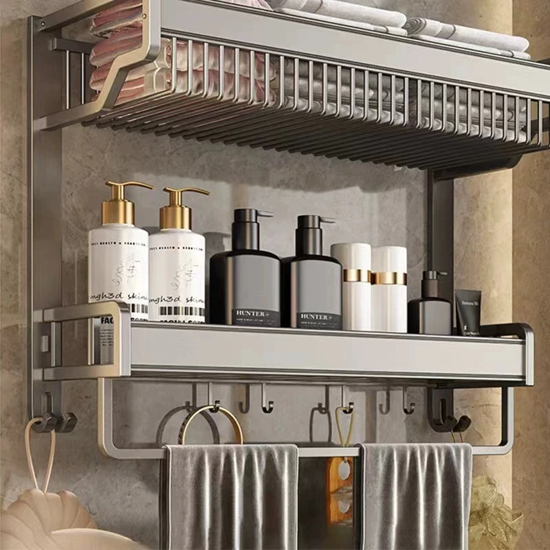 毛巾架卫生间置物架浴室厕所免打孔壁挂式卫浴套装太空铝浴巾架