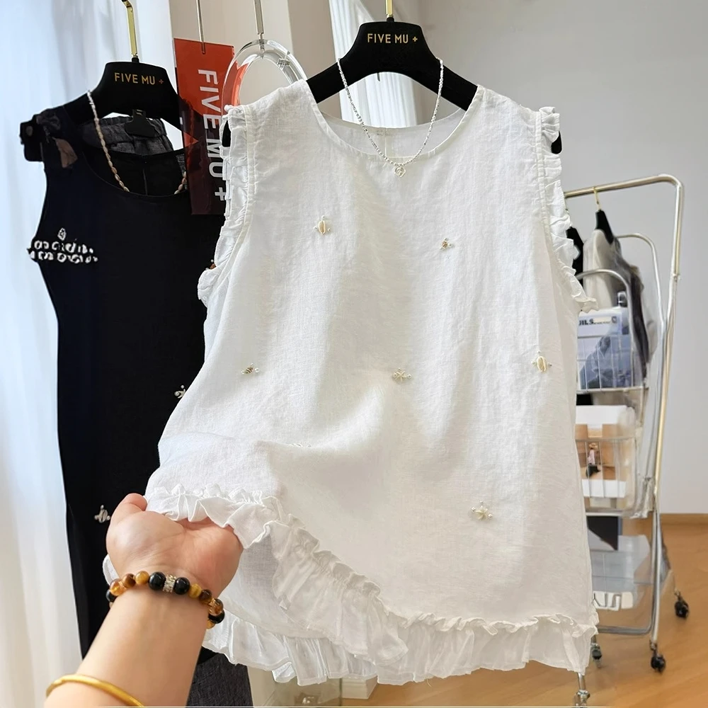 特大码300斤韩系高级感独特无袖小衫女夏季木耳边外穿马甲背心薄