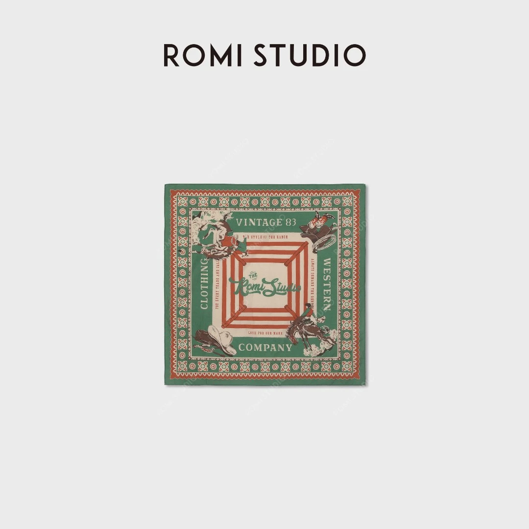 ROMI STUDIO超柔桑蚕丝绵复古感印花丝巾美式撞色方巾RWDRPY3265